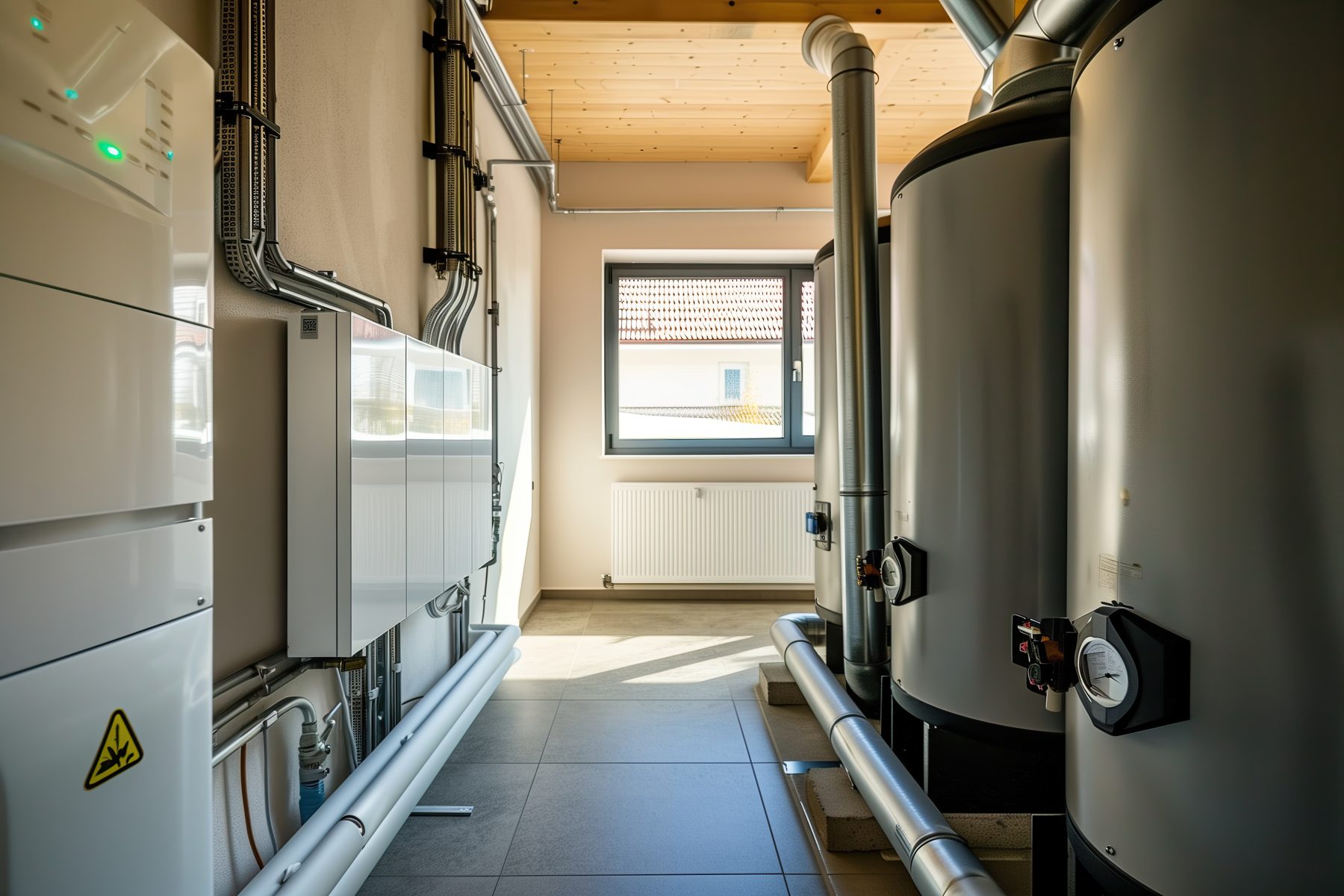 Technikraum mit großen Warmwasserspeichern (Symbolbild)